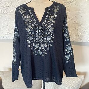 J Jill Top Womens Swiss Dot Cotton Embroidered Pull Over Blue Tunic Sz XL Petite